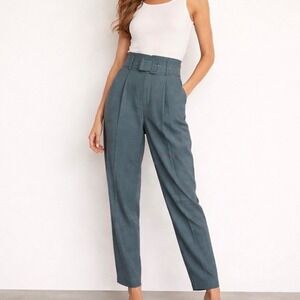 MNG‎ Suit Women's High Waisted Belted Plaid Trouser Pants Teal Sz 2 Quiet Luxury